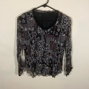 Vintage Coldwater Creek Black,White&Red Pattern Double Lined Sheer Blouse